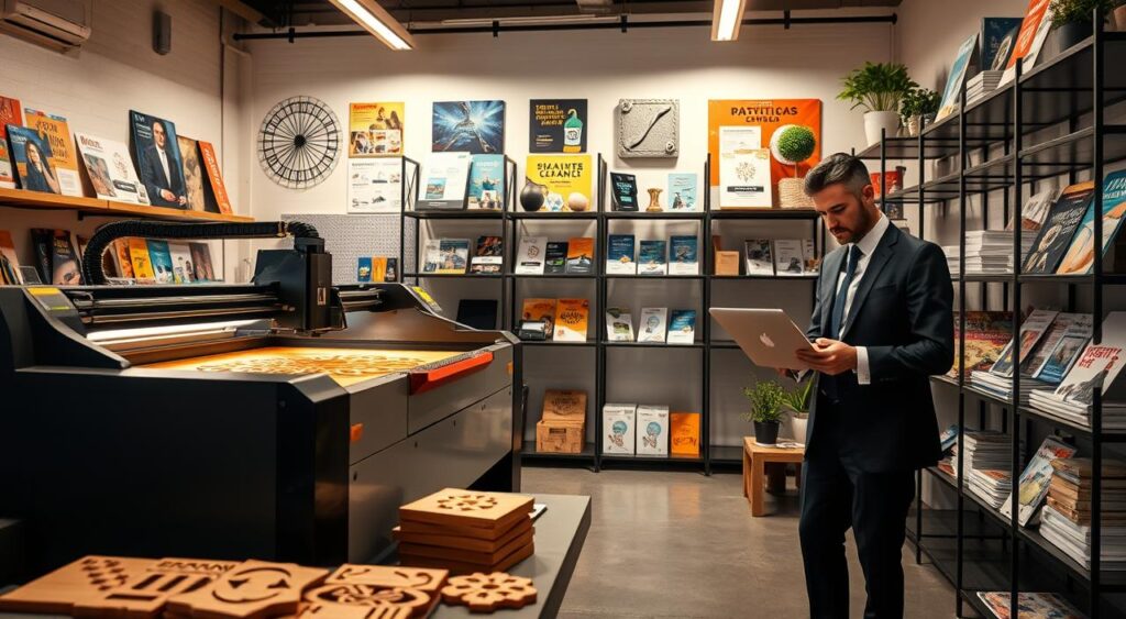 A dynamic workspace showcasing the fusion of digital marketing and laser cutting technology. In the foreground, an elegant laser cutting machine is meticulously crafting intricate designs out of wood and acrylic, bathed in a soft, warm light. To the side, a professional individual in smart business attire is analyzing data on a laptop, symbolizing strategic marketing efforts. The middle ground features colorful digital marketing materials, including eye-catching flyers and social media visuals, displayed artistically around the workspace. In the background, sleek shelves filled with finished products and promotional items highlight the business's creativity and innovation. The overall atmosphere is vibrant, contemporary, and inspiring, conveying a sense of entrepreneurial energy and success in the digital age. A dynamic workspace showcasing the fusion of digital marketing and laser cutting technology. In the foreground, an elegant laser cutting machine is meticulously crafting intricate designs out of wood and acrylic, bathed in a soft, warm light. To the side, a professional individual in smart business attire is analyzing data on a laptop, symbolizing strategic marketing efforts. The middle ground features colorful digital marketing materials, including eye-catching flyers and social media visuals, displayed artistically around the workspace. In the background, sleek shelves filled with finished products and promotional items highlight the business's creativity and innovation. The overall atmosphere is vibrant, contemporary, and inspiring, conveying a sense of entrepreneurial energy and success in the digital age.