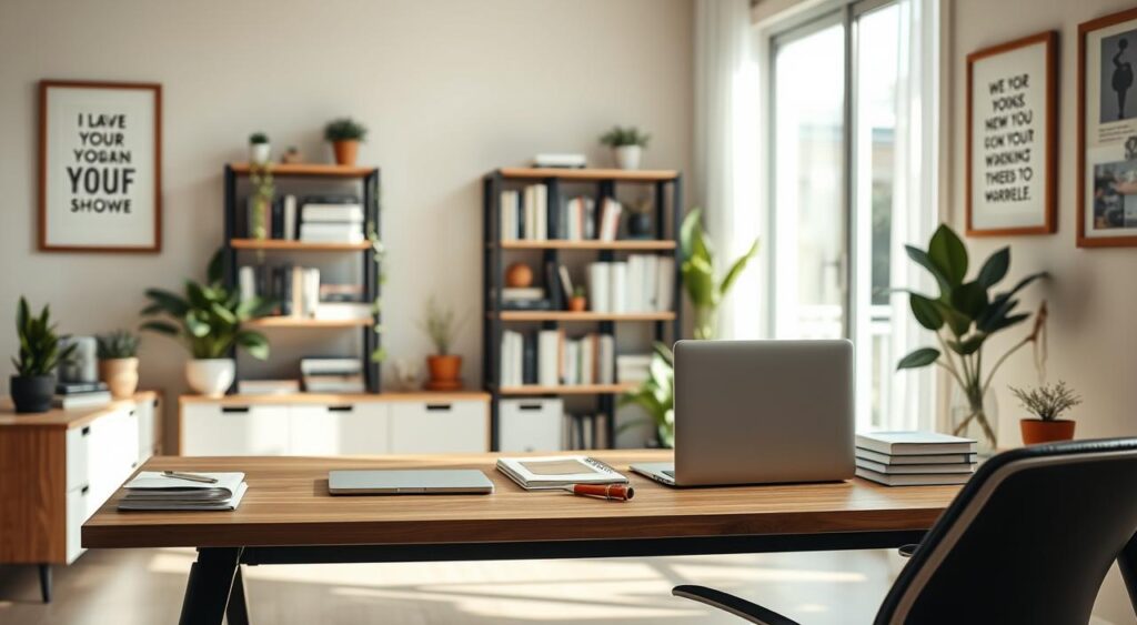 A modern home office scene designed for optimal productivity, featuring a well-organized workspace. In the foreground, a sleek wooden desk is complemented by a comfortable, ergonomic chair, with a laptop open and neatly stacked notebooks beside it. The middle ground reveals a bookshelf filled with organized books and decorative plants, enhancing the atmosphere of focus and relaxation. In the background, a large window allows soft, natural light to flood in, illuminating the room and casting gentle shadows. The walls are painted in calming neutral tones, with framed motivational art adding an inspiring touch. The overall mood is peaceful yet focused, embodying the perfect environment for working from home.