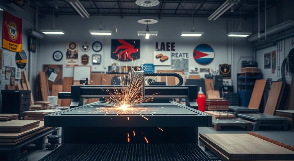 A modern laser cutting machine set in a well-lit workshop, showcasing its intricate details and sleek design. In the foreground, the machine features glowing laser beams cutting through a sheet of metal, with sparks flying to illustrate its precision. The middle ground displays various tools and materials typically used in laser cutting projects, such as wood samples and metal sheets. In the background, bright overhead lights illuminate the scene, highlighting the walls adorned with safety posters and industry awards. The atmosphere conveys a feeling of innovation and entrepreneurship, emphasizing a professional workspace ready for creative projects. The composition should have a slight depth of field, focusing on the machine while softly blurring the background elements. A modern laser cutting machine set in a well-lit workshop, showcasing its intricate details and sleek design. In the foreground, the machine features glowing laser beams cutting through a sheet of metal, with sparks flying to illustrate its precision. The middle ground displays various tools and materials typically used in laser cutting projects, such as wood samples and metal sheets. In the background, bright overhead lights illuminate the scene, highlighting the walls adorned with safety posters and industry awards. The atmosphere conveys a feeling of innovation and entrepreneurship, emphasizing a professional workspace ready for creative projects. The composition should have a slight depth of field, focusing on the machine while softly blurring the background elements.