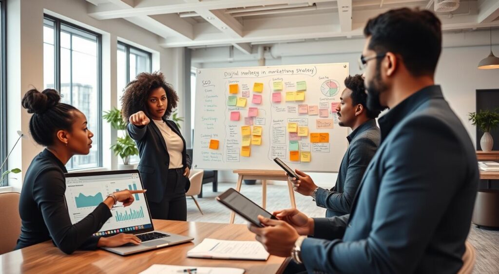 A modern office environment, showcasing a diverse team of professionals engaged in a digital marketing strategy session. In the foreground, a black woman in business attire points at a laptop displaying charts and analytics, while a Hispanic man takes notes on a digital tablet. In the middle, a large whiteboard filled with colorful post-it notes and diagrams outlines key strategic elements like SEO, content marketing, and social media. The background reveals a bright, airy office with contemporary furnishings and large windows letting in natural light, creating an inspiring atmosphere. The overall mood is focused and collaborative, emphasizing creativity and strategic planning. The image should be captured with a wide-angle lens, highlighting the teamwork and dynamism of the scene.