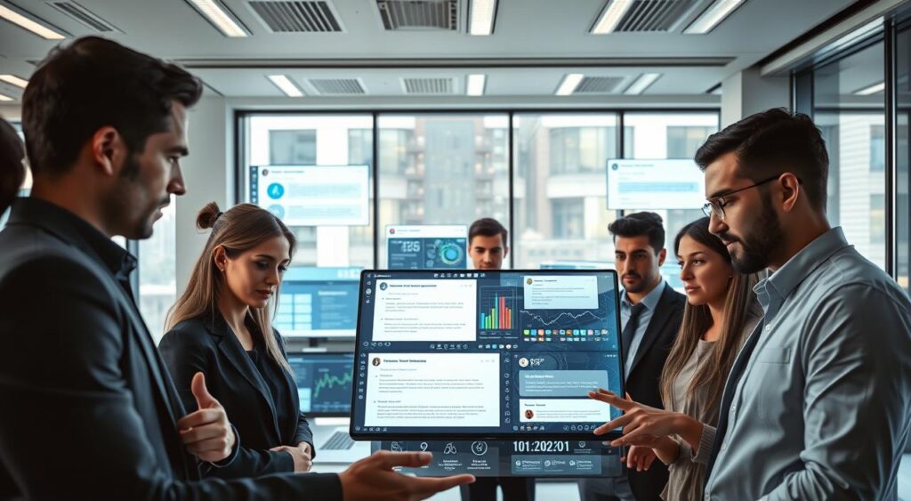 A modern, sleek office environment filled with advanced technology. In the foreground, a diverse group of professionals dressed in business attire engage with a digital interface showcasing various chatbot applications. Their expressions convey concentration and collaboration. In the middle ground, multiple screens display intricate data analytics and chatbot responses, illustrating automation in action, illuminated by soft, focused lighting that enhances the tech atmosphere. In the background, a large window reveals a bustling cityscape, adding a sense of depth and innovation. The overall mood is dynamic and forward-thinking, emphasizing the synergy between human intelligence and automation technology, without any text or distractions. A modern, sleek office environment filled with advanced technology. In the foreground, a diverse group of professionals dressed in business attire engage with a digital interface showcasing various chatbot applications. Their expressions convey concentration and collaboration. In the middle ground, multiple screens display intricate data analytics and chatbot responses, illustrating automation in action, illuminated by soft, focused lighting that enhances the tech atmosphere. In the background, a large window reveals a bustling cityscape, adding a sense of depth and innovation. The overall mood is dynamic and forward-thinking, emphasizing the synergy between human intelligence and automation technology, without any text or distractions.