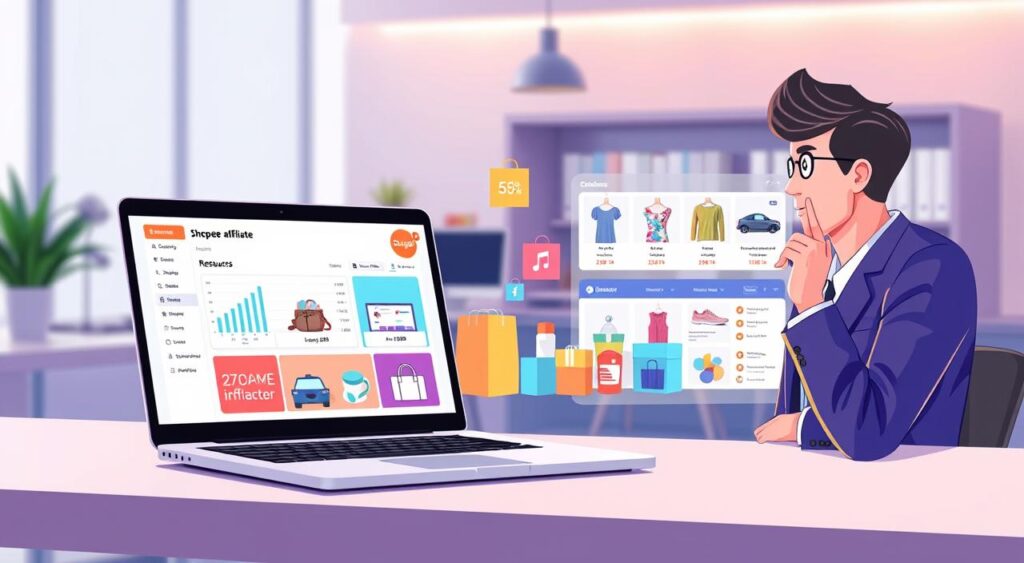 A modern, visually appealing digital illustration representing the Shopee Affiliate Program. In the foreground, display a laptop open to a vibrant Shopee affiliate dashboard, with graphs and earnings displayed. Beside the laptop, include a person in professional attire, engaged and focused, with a thoughtful expression, pointing towards the screen. In the middle, showcase various online shopping items like electronics, fashion, and home goods in colorful boxes, symbolizing the products available for affiliates. The background should feature a sleek, minimalist workspace with soft, warm lighting, creating an inviting atmosphere. Use a slightly blurred effect to add depth, while maintaining the clarity of the foreground elements.