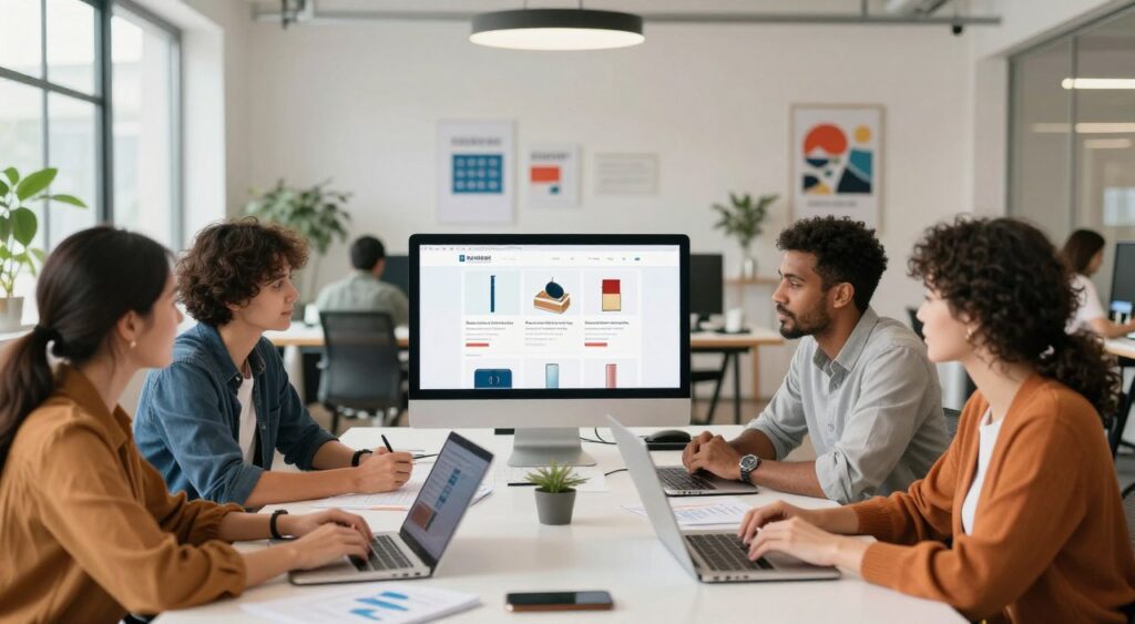 A modern workspace illustrating the benefits of a no-inventory business model. In the foreground, a diverse group of professionals in smart casual attire discuss strategies around a sleek, polished table filled with laptops, graphs, and digital devices. The middle layer features an open computer screen displaying a user-friendly e-commerce website, showcasing various products. The background shows a bright, airy office space with large windows, allowing natural light to flood in, enhancing the energetic atmosphere. Decorative elements like motivational posters and greenery create a productive vibe. The image captures a sense of collaboration and innovation, with a warm color palette to convey optimism and forward-thinking.