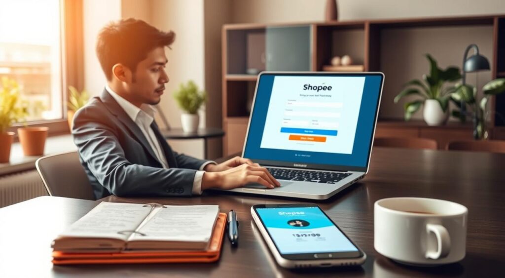 A modern workspace illustrating the process of signing up as an affiliate for Shopee. In the foreground, a focused individual in professional attire is seated at a sleek desk, interacting with a laptop displaying the Shopee affiliate registration page. The middle ground features elements like a notepad filled with notes and a smartphone showcasing the Shopee app. The background contains soft-focus items such as a coffee cup, a potted plant, and a window letting in soft, natural lighting that creates a productive atmosphere. The overall mood should be motivational and inviting, suggesting a sense of achievement and professionalism. The image should be sharp and well-composed, with a warm color palette to enhance the friendly environment.