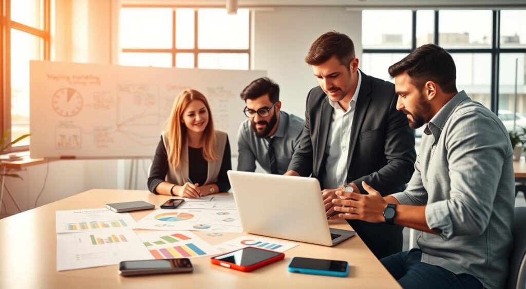 A modern workspace scene showcasing the concept of digital marketing for beginners. In the foreground, a diverse group of three professionals, one woman and two men, are intently discussing strategies over a laptop, wearing smart casual attire. On the desk, there are colorful charts and digital devices like smartphones and tablets displaying marketing analytics. The middle ground features a large whiteboard with hand-drawn diagrams and flowcharts representing marketing concepts. In the background, a bright, airy office environment with large windows allowing natural light to flood in, creating an optimistic atmosphere. The composition is shot from a slightly elevated angle, enhancing the collaborative spirit of learning in a dynamic workspace. The lighting is warm and inviting, suitable for a productive brainstorming session.