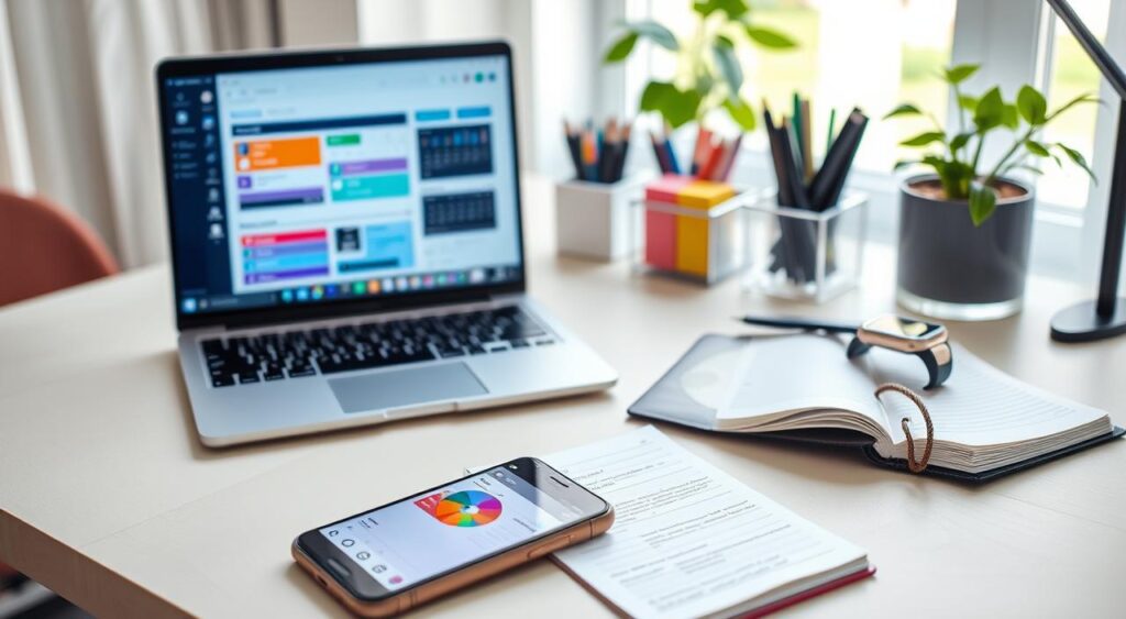 A modern workspace showcasing an array of productivity tools and apps. In the foreground, include a sleek laptop displaying a colorful task management app alongside a digital calendar with reminders. On the desk, place a stylish smartphone with a communication app open, next to a planner filled with neatly written notes. In the middle ground, feature a minimalist desk organizer holding various stationery items such as pens, sticky notes, and a smartwatch. The background should include soft natural lighting filtering in through a window, highlighting a well-organized home office environment with a touch of greenery from a potted plant. The mood should be calm and focused, inspiring productivity and efficiency in a modern work-from-home setting.