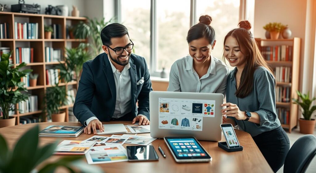 A professional and inviting workspace illustrating the concept of affiliate marketing on Shopee. In the foreground, feature a diverse group of three individuals, a man and two women, dressed in smart casual attire, collaborating over a laptop displaying the Shopee platform. In the middle, include a well-organized desk with colorful promotional materials and digital devices like tablets and smartphones showcasing Shopee products. The background should be an airy office space with greenery, shelves filled with books on marketing, and a large window letting in soft, natural light. The overall mood is friendly and optimistic, encouraging new affiliates to engage in the Shopee platform. The perspective should be a warm, slightly elevated angle to highlight the teamwork and collaboration.