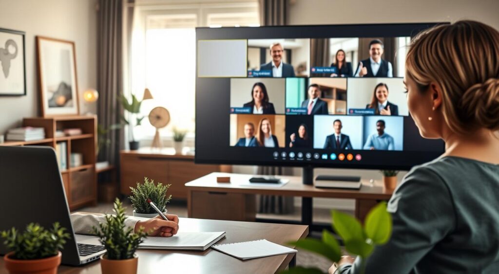 A professional home office scene depicting a diverse team collaborating through a video conference on a large screen. In the foreground, a focused woman in smart casual attire is taking notes at her desk, surrounded by a laptop, notepad, and plants. The middle layer features the video conference display showing team members in separate boxes, all dressed in business attire, engaged and interacting. The background includes a modern home office with bookshelves, artwork, and soft, natural lighting coming through a window, creating a warm and inviting atmosphere. The overall mood conveys productivity, teamwork, and clear communication. The angle is slightly above eye level, emphasizing both the team dynamic and the individual’s dedication to fostering effective communication and boundaries.