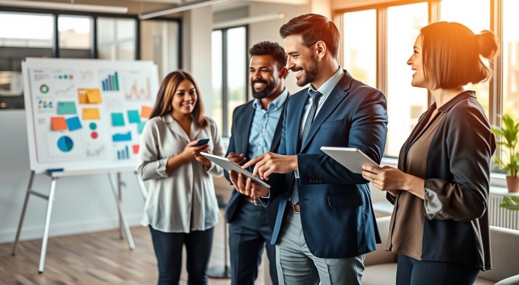 A professional workspace featuring a diverse group of individuals engaged in a lively discussion about lead generation strategies. In the foreground, a man in a smart, navy blue suit and a woman in a stylish blouse are sharing ideas with enthusiasm, pointing at a digital tablet displaying analytics. In the background, a modern office with sleek furniture and large windows letting in warm, natural light, creating an inviting atmosphere. A whiteboard filled with colorful charts and notes can be seen, symbolizing brainstorming and collaboration. The scene has a dynamic composition captured from a slightly elevated angle, emphasizing teamwork and innovation in a comfortable environment. A professional workspace featuring a diverse group of individuals engaged in a lively discussion about lead generation strategies. In the foreground, a man in a smart, navy blue suit and a woman in a stylish blouse are sharing ideas with enthusiasm, pointing at a digital tablet displaying analytics. In the background, a modern office with sleek furniture and large windows letting in warm, natural light, creating an inviting atmosphere. A whiteboard filled with colorful charts and notes can be seen, symbolizing brainstorming and collaboration. The scene has a dynamic composition captured from a slightly elevated angle, emphasizing teamwork and innovation in a comfortable environment.