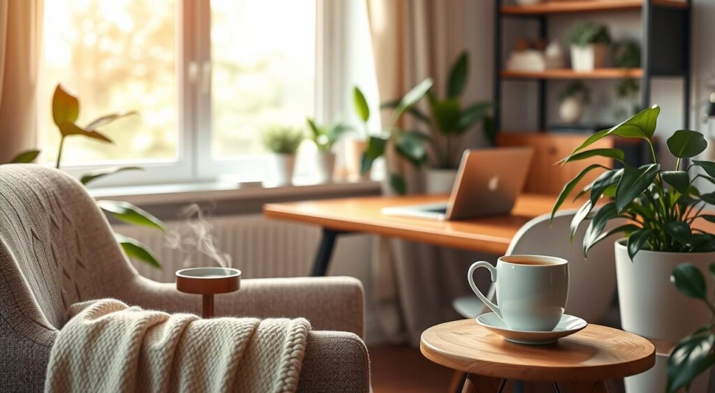 A serene home office setting that captures the essence of "pausas" for productivity. In the foreground, a cozy armchair with a soft throw blanket and a steaming cup of herbal tea placed on a small side table, inviting moments of relaxation. In the middle, a sleek wooden desk with a laptop open, surrounded by green plants that bring life to the environment. In the background, a window allowing soft natural light to filter in, highlighting a peaceful scenery outside, perhaps a garden or trees swaying gently in the breeze. The overall atmosphere is calm and inspiring, encouraging focus with a touch of tranquility. Emphasize warm lighting and a soft focus to create an inviting and productive mood.