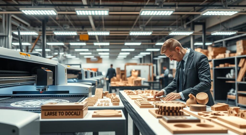 A vibrant and bustling laser cutting market scene, showcasing a variety of high-tech laser cutting machines in action. In the foreground, a skilled technician wearing a professional business attire operates a precise laser cutter, focusing intently on intricate designs. The middle ground features a diverse range of finished products, such as beautifully crafted wood and metal pieces, displayed on sleek tables. The background reveals a modern workshop filled with bright, overhead LED lights casting a clean and professional atmosphere. The overall mood is one of innovation and creativity, emphasizing the excitement of starting a new venture in laser cutting. Use a wide-angle lens effect to capture the dynamic environment, highlighting details and textures of the materials. A vibrant and bustling laser cutting market scene, showcasing a variety of high-tech laser cutting machines in action. In the foreground, a skilled technician wearing a professional business attire operates a precise laser cutter, focusing intently on intricate designs. The middle ground features a diverse range of finished products, such as beautifully crafted wood and metal pieces, displayed on sleek tables. The background reveals a modern workshop filled with bright, overhead LED lights casting a clean and professional atmosphere. The overall mood is one of innovation and creativity, emphasizing the excitement of starting a new venture in laser cutting. Use a wide-angle lens effect to capture the dynamic environment, highlighting details and textures of the materials.