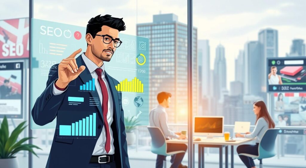 A vibrant and engaging illustration representing the fundamental concepts of digital marketing. In the foreground, a professional businessperson in smart attire is interacting with vivid infographics on a transparent screen, showcasing graphs, social media icons, and SEO symbols. In the middle ground, a stylish and modern workspace features a computer with digital marketing data, diverse team members collaborating enthusiastically. The background reveals a cityscape contrasting traditional and digital marketing elements, like billboards and social media feeds. Soft, natural lighting highlights the scene, creating a productive atmosphere. The angle is slightly elevated, providing a dynamic view, evoking inspiration and a forward-thinking approach to digital marketing in 2026.