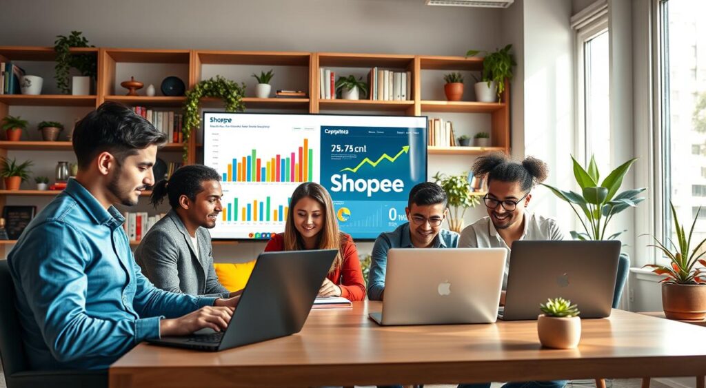 A vibrant and engaging workspace scene illustrating affiliate marketing techniques for Shopee. In the foreground, a diverse group of three professionals in smart casual attire, focused on their laptops, analyzing Shopee's data and strategies. The middle ground features a large screen displaying colorful graphs and the Shopee logo, highlighting marketing performance. The background is a cozy, well-lit office environment with shelves filled with marketing books and plants, creating a motivational atmosphere. Soft natural light pours in from a window, casting gentle shadows and creating a warm, inviting mood. The composition captures collaboration, innovation, and the essence of e-commerce success, emphasizing an inspiring journey for beginners in affiliate marketing.