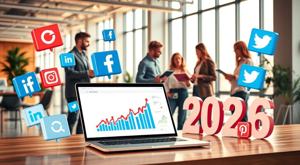 A vibrant and informative composition depicting the main tools and social media platforms for digital marketing in 2026. In the foreground, a sleek laptop displays charts and analytics, symbolizing data-driven marketing. Surrounding the laptop are prominent icons of major social media platforms like Facebook, Instagram, LinkedIn, and Twitter, illustrated in a dynamic, 3D style. In the middle ground, a diverse group of professionals in smart casual attire collaborates, discussing strategies, with notes and tablets in their hands. The background features a modern office setting with large windows letting in natural light, enhancing a productive atmosphere. Use a warm color palette to evoke enthusiasm and innovation, and capture the scene from an engaging angle that highlights both the tools and the teamwork involved in digital marketing.