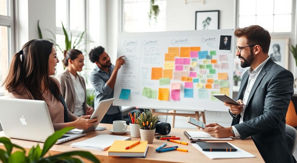 A vibrant digital workspace featuring a diverse group of professionals collaborating on content creation. In the foreground, a woman in smart casual attire excitedly types on a laptop, while a man in a well-fitted blazer presents ideas on a digital tablet. The middle layer includes a large whiteboard filled with colorful mind maps and notes about content strategy, surrounded by creative tools like notebooks, markers, and a camera. In the background, soft natural light filters through large windows, illuminating an inviting office space decorated with plants and modern artwork. The atmosphere feels energetic and inspiring, conveying a sense of growth and innovation in digital marketing.