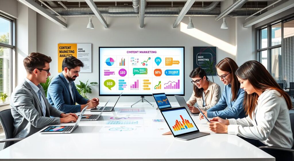 A vibrant digital workspace illustrating the basic strategies and advantages of digital marketing. In the foreground, a diverse group of professionals in smart casual attire collaborates around a sleek table, analyzing colorful graphs and charts displayed on laptops and tablets. In the middle, a large digital screen showcases key concepts such as SEO, social media, content marketing, and analytics with engaging visuals. The background features a modern office with motivational posters about innovation and teamwork, with natural light streaming through large windows, creating an open and energetic atmosphere. The overall mood is dynamic and focused, representing a forward-thinking approach to digital marketing in 2026.