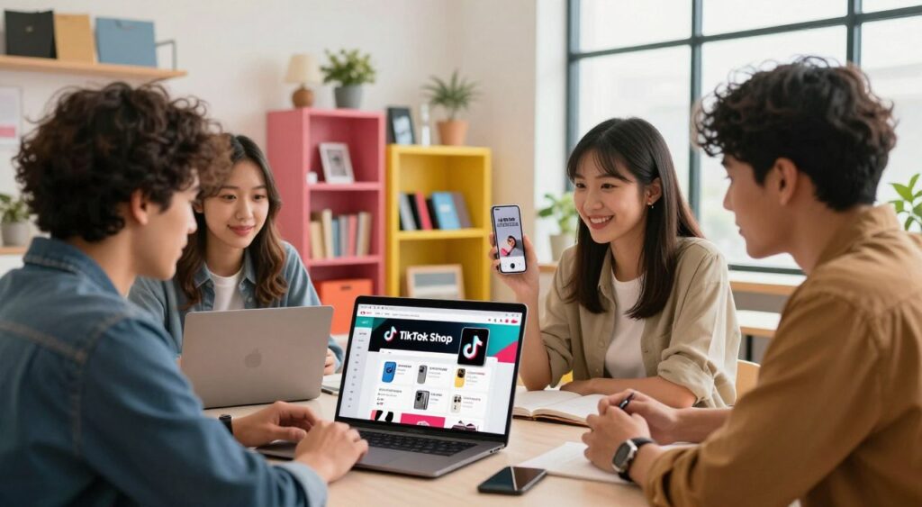 A vibrant, modern workspace showcasing the integration of TikTok Shop into e-commerce. In the foreground, a diverse group of three professionals, one man and two women, dressed in smart casual attire, are collaborating over a laptop with the TikTok Shop interface open, displaying vibrant product listings. In the middle ground, colorful shelves are stocked with trendy merchandise, while stylish accessories related to social media marketing, like phones and laptops, suggest a dynamic work environment. In the background, large windows allow natural light to flood in, creating an inviting atmosphere. The overall mood is energetic and innovative, emphasizing the excitement of selling on TikTok Shop. The image should have a warm, engaging color palette, with a focus on clarity and professionalism.