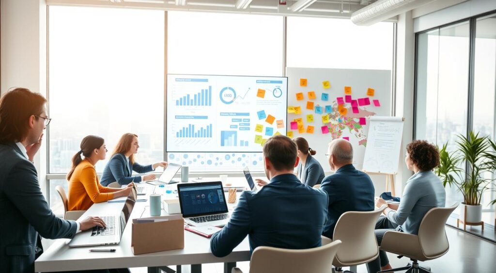 A vibrant office environment illustrating the concept of lead generation for business success. In the foreground, a diverse group of professionals, dressed in business attire, are engaged in productive discussions around a large table filled with laptops and digital marketing materials. In the middle ground, a large screen displays analytics and graphical representations of lead flow, while colorful post-it notes with ideas are pinned on a brainstorming board. In the background, a bright window shows a city skyline, symbolizing growth and opportunity. Soft, natural lighting floods the room, creating an inviting, focused atmosphere. The image captures the essence of teamwork and strategy in lead generation, conveying a sense of motivation and success. A vibrant office environment illustrating the concept of lead generation for business success. In the foreground, a diverse group of professionals, dressed in business attire, are engaged in productive discussions around a large table filled with laptops and digital marketing materials. In the middle ground, a large screen displays analytics and graphical representations of lead flow, while colorful post-it notes with ideas are pinned on a brainstorming board. In the background, a bright window shows a city skyline, symbolizing growth and opportunity. Soft, natural lighting floods the room, creating an inviting, focused atmosphere. The image captures the essence of teamwork and strategy in lead generation, conveying a sense of motivation and success.