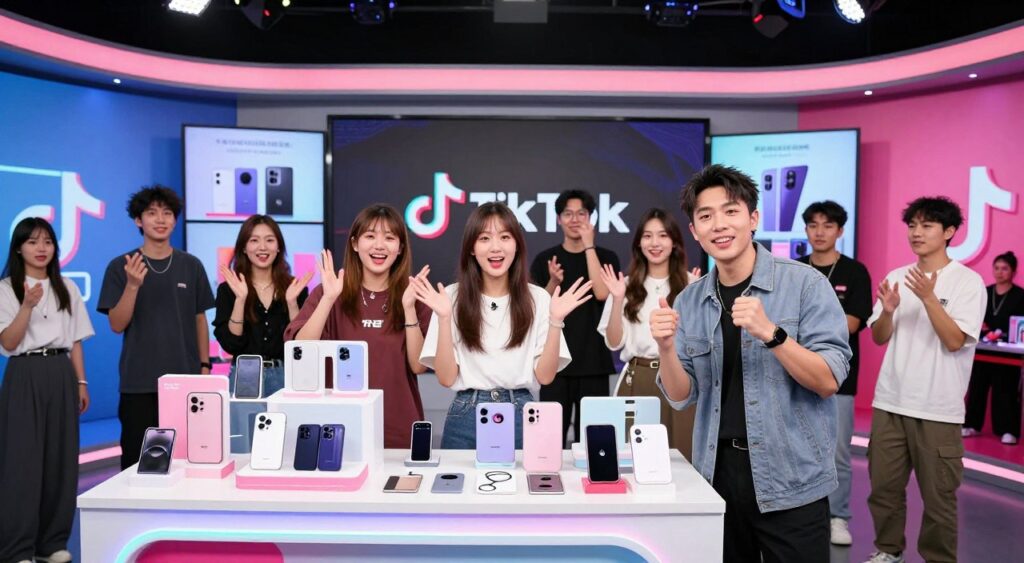 A vibrant scene depicting a live sales event on TikTok Shop, showcasing a diverse group of enthusiastic salespeople engaging with their audience. In the foreground, a charismatic presenter in smart casual attire interacts with the camera, showcasing trendy products on a stylish display table filled with various items like electronics, accessories, and clothing. The middle ground features a beautifully decorated virtual studio setup with colorful lighting, multiple screens showing the product details and product shots, creating an engaging atmosphere. In the background, a digital TikTok Shop logo glows subtly, emphasizing the platform. The lighting is bright and energetic, with accents that highlight the products, capturing a lively, modern e-commerce vibe suitable for a professional audience. The overall mood is dynamic and inviting, illustrating how to successfully master live sales on TikTok Shop.