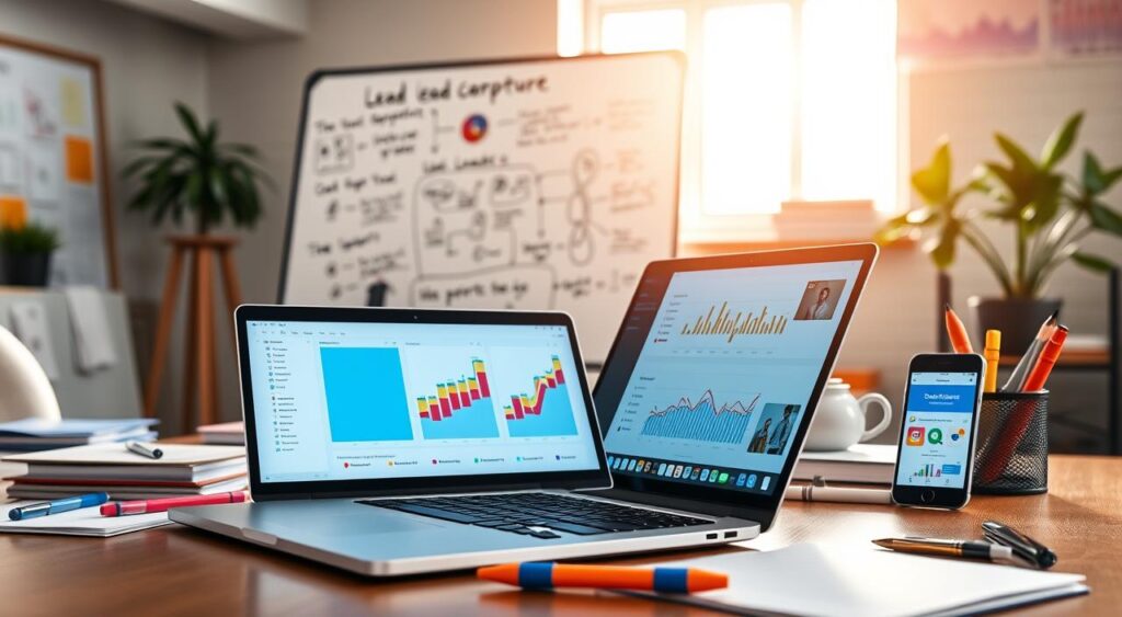 A vibrant, well-organized workspace showcasing essential lead generation tools. In the foreground, a sleek laptop with a colorful analytics dashboard open, surrounded by notepads, pens, and a smartphone displaying a social media app. The middle ground features a whiteboard with brainstorming notes and diagrams illustrating lead capture strategies. In the background, a bright window with natural light streaming in, illuminating the scene and adding warmth. The atmosphere is dynamic and focused, reflecting creativity and productivity, suitable for a business setting. The composition should be captured from a slightly elevated angle, emphasizing the workspace's functionality without including any people. A vibrant, well-organized workspace showcasing essential lead generation tools. In the foreground, a sleek laptop with a colorful analytics dashboard open, surrounded by notepads, pens, and a smartphone displaying a social media app. The middle ground features a whiteboard with brainstorming notes and diagrams illustrating lead capture strategies. In the background, a bright window with natural light streaming in, illuminating the scene and adding warmth. The atmosphere is dynamic and focused, reflecting creativity and productivity, suitable for a business setting. The composition should be captured from a slightly elevated angle, emphasizing the workspace's functionality without including any people.