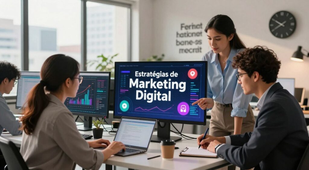 A vibrant workspace filled with digital marketing elements representing "Estratégias de Marketing Digital". In the foreground, a diverse group of three professionals (a woman with glasses, a man with a laptop, and a woman writing on a notepad) dressed in business attire, collaborating around a modern desk. The middle layer features a large digital screen displaying colorful graphs and social media icons, showcasing successful online marketing strategies. In the background, a wall with motivational quotes and a modern digital clock adds depth. Soft, warm lighting through large windows creates an inviting atmosphere, while a slightly blurred city skyline outside enhances the focus on the teamwork. The overall mood is dynamic and upbeat, reflecting innovation and cooperation in digital marketing.
