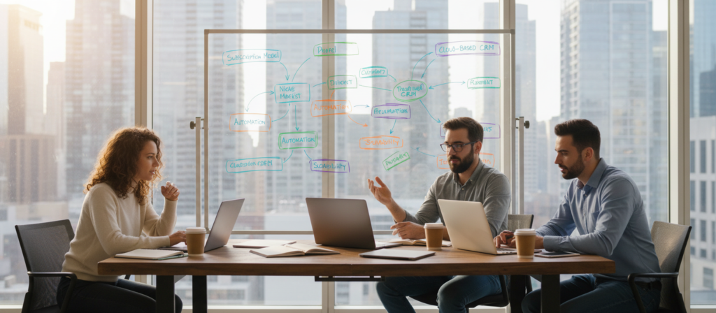 A vibrant workspace scene illustrating the concept of "Micro SaaS." In the foreground, a diverse group of three professionals, one woman and two men, are focused on laptops, engaged in a brainstorming session. They are dressed in smart casual attire, creating a friendly yet professional atmosphere. In the middle ground, a large whiteboard displays hand-drawn diagrams and notes about software ideas articulated in colorful markers. The background shows light-filled windows with a view of a modern city skyline, suggesting a startup environment. Warm, natural lighting enhances the upbeat mood, while a shallow depth of field adds focus to the professionals in action, depicting collaboration and innovation in the software landscape. A vibrant workspace scene illustrating the concept of "Micro SaaS." In the foreground, a diverse group of three professionals, one woman and two men, are focused on laptops, engaged in a brainstorming session. They are dressed in smart casual attire, creating a friendly yet professional atmosphere. In the middle ground, a large whiteboard displays hand-drawn diagrams and notes about software ideas articulated in colorful markers. The background shows light-filled windows with a view of a modern city skyline, suggesting a startup environment. Warm, natural lighting enhances the upbeat mood, while a shallow depth of field adds focus to the professionals in action, depicting collaboration and innovation in the software landscape.