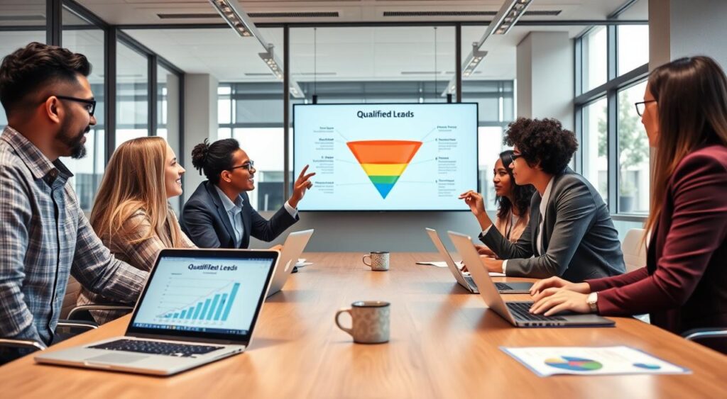 A visual representation of qualified leads in a business context, featuring a diverse group of professionals in smart casual attire collaborating around a large conference table. The foreground shows laptops and digital devices displaying graphs and charts related to lead generation strategies. In the middle, professionals of different ethnic backgrounds engage in animated discussions, with one person pointing to a screen that illustrates a funnel with leads at different stages. The background depicts a modern office space with large windows allowing natural light to fill the room. The atmosphere is energetic and focused, conveying the importance of understanding qualified leads in business growth. Use a wide-angle lens effect to capture the whole scene, ensuring a clear view of all participants and their interactions. A visual representation of qualified leads in a business context, featuring a diverse group of professionals in smart casual attire collaborating around a large conference table. The foreground shows laptops and digital devices displaying graphs and charts related to lead generation strategies. In the middle, professionals of different ethnic backgrounds engage in animated discussions, with one person pointing to a screen that illustrates a funnel with leads at different stages. The background depicts a modern office space with large windows allowing natural light to fill the room. The atmosphere is energetic and focused, conveying the importance of understanding qualified leads in business growth. Use a wide-angle lens effect to capture the whole scene, ensuring a clear view of all participants and their interactions.