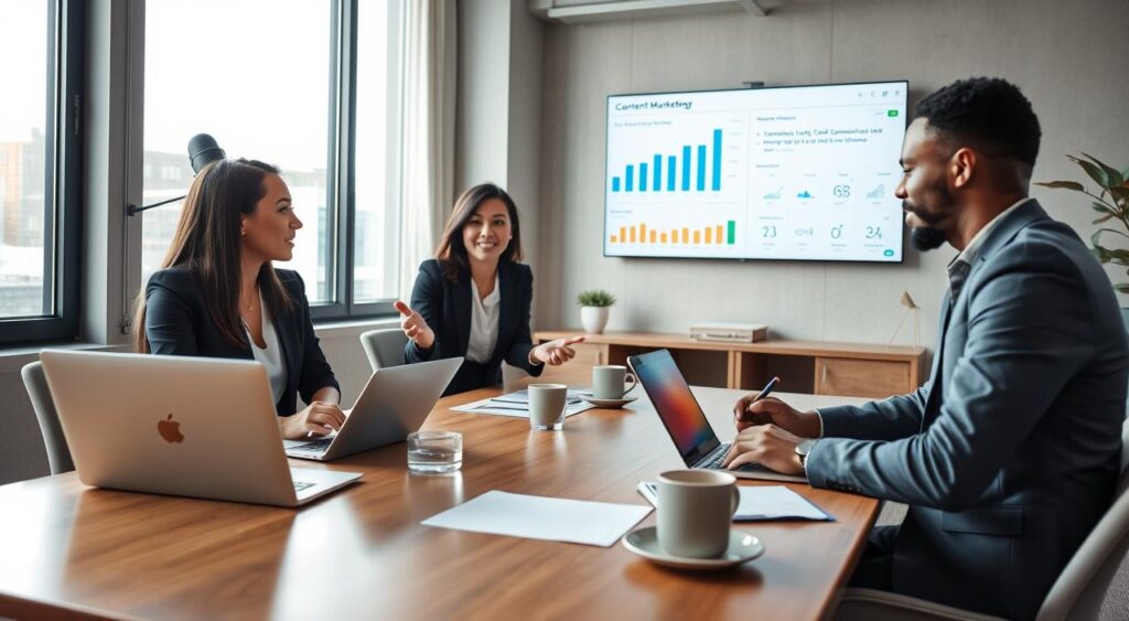A visually engaging scene depicting a diverse group of three professionals brainstorming around a modern conference table, surrounded by laptops, note pads, and coffee cups. The foreground captures a woman of Asian descent in a stylish business suit, actively presenting a content marketing strategy, while a Black man in smart casual attire takes notes. In the background, a large window illuminates the room with soft, natural light, enhancing a collaborative atmosphere. On the wall, a digital screen displays analytics charts, highlighting lead generation metrics. The overall mood is dynamic and focused, embodying a successful strategy for content marketing aimed at lead generation. The setting is contemporary, with a clean and organized design, encouraging creativity and innovation. A visually engaging scene depicting a diverse group of three professionals brainstorming around a modern conference table, surrounded by laptops, note pads, and coffee cups. The foreground captures a woman of Asian descent in a stylish business suit, actively presenting a content marketing strategy, while a Black man in smart casual attire takes notes. In the background, a large window illuminates the room with soft, natural light, enhancing a collaborative atmosphere. On the wall, a digital screen displays analytics charts, highlighting lead generation metrics. The overall mood is dynamic and focused, embodying a successful strategy for content marketing aimed at lead generation. The setting is contemporary, with a clean and organized design, encouraging creativity and innovation.