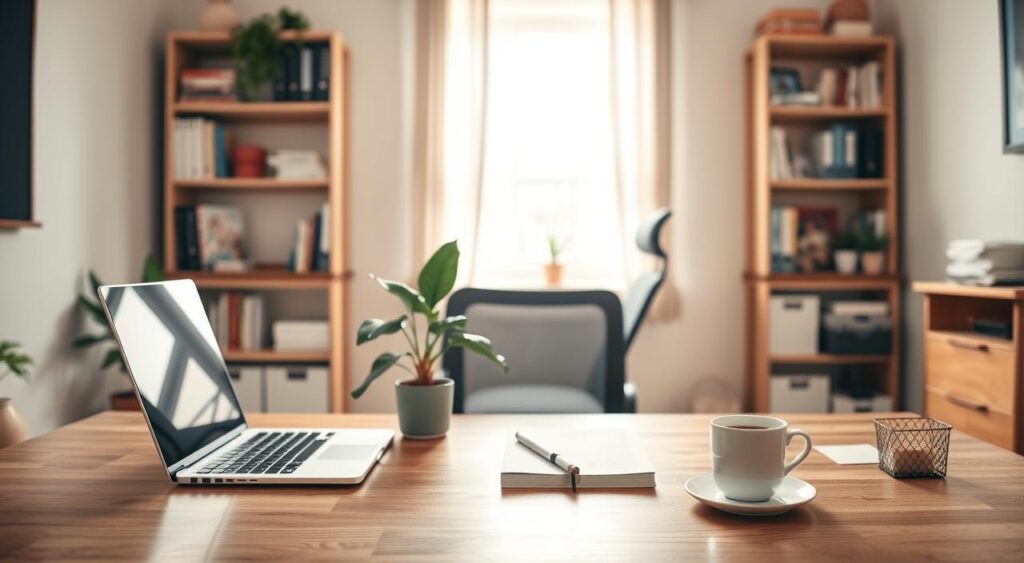 A well-organized home office scene emphasizing productivity in a Brazilian context. In the foreground, a clean wooden desk with a modern laptop, a notepad, and a cup of coffee, symbolizing focus and alertness. In the middle, a comfortable, ergonomic chair and a potted plant, suggesting a refreshing work environment. The background features a bright window with natural light streaming in, illuminating the room and highlighting soft pastel walls. A bookshelf filled with neatly arranged books and office supplies creates an atmosphere of professionalism and organization. The overall mood is serene and motivating, designed to evoke a sense of accomplishment and clarity. Use soft, warm lighting to create an inviting atmosphere, shot from a slightly elevated angle for a comprehensive view.