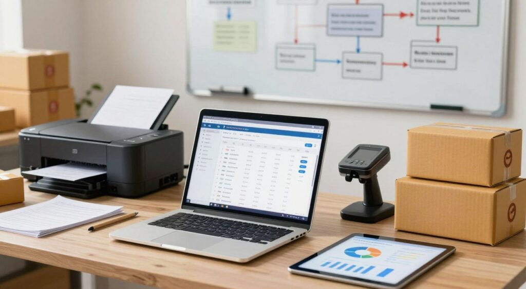 A well-organized workspace filled with various order management tools and automation gadgets that facilitate efficient online sales. In the foreground, a sleek laptop displays an open order management software interface, surrounded by a digital tablet showing analytics and graphs. The middle ground features a printer producing shipping labels and a scanner beside stacks of neatly organized product boxes. In the background, a whiteboard filled with flowcharts illustrating the order management process adds depth. Soft, warm lighting creates a conducive atmosphere for productivity, while a slight blur in the background enhances focus on the tools. The overall mood is professional and efficient, depicting modern business solutions in action.