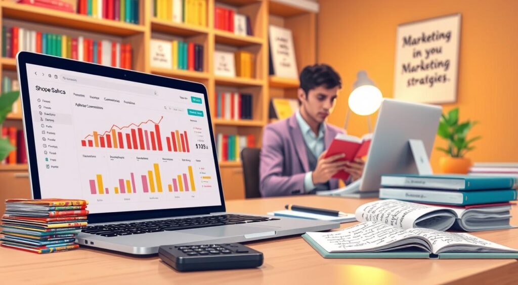 An illustration of a digital workspace representing affiliate commissions on Shopee. In the foreground, a laptop displays the Shopee affiliate dashboard with graphs and statistics showing rising commissions. There are neatly organized stacks of colorful product brochures and a calculator on the desk, suggesting strategic planning. In the middle ground, a person in professional attire sits focused, analyzing data on their computer, while a notepad with scribbled notes about marketing strategies lies next to them. The background features a soft-focus bookshelf with marketing books and motivational quotes. The lighting is bright and inviting, casting a warm glow that enhances a productive atmosphere. The angle is slightly above eye level, giving a comprehensive view of the workspace.