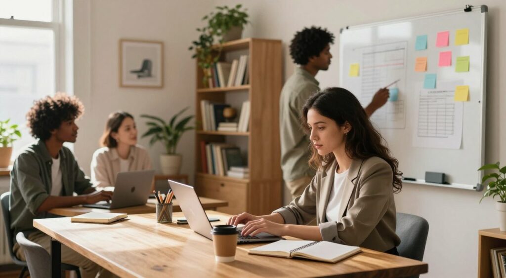 A cozy home office scene depicting a diverse group of young professionals brainstorming ideas for a small business. In the foreground, a woman in smart casual attire is seated at a wooden desk, typing on a laptop and surrounded by notebooks and coffee cups. In the middle ground, a diverse group includes a man and a woman discussing over a whiteboard filled with colorful sticky notes and charts. The background shows a warm-lit room with plants and shelves filled with books, creating a lively atmosphere. Use natural daylight filtering through a window, casting soft shadows. The overall mood is focused and collaborative, reflecting the concept of entrepreneurship from home with a sense of optimism.
