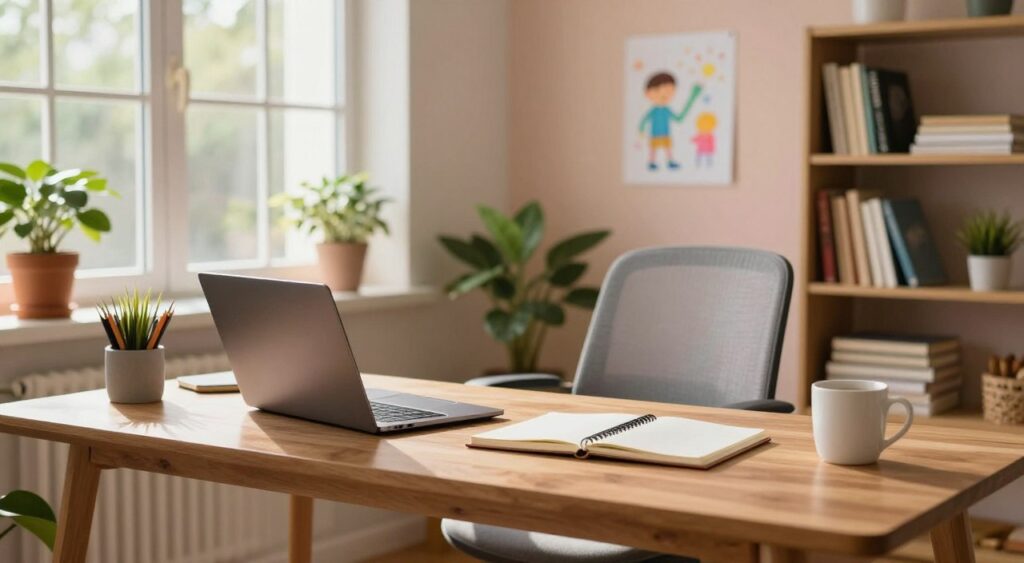 A cozy home office scene designed for productivity, featuring a contemporary wooden desk with a laptop, notebooks, and a coffee mug. In the foreground, a neatly organized workspace is lit by warm, natural light streaming through a large window lined with green plants. In the middle ground, a comfortable ergonomic chair invites focus, while a stylish bookshelf filled with books adds an intellectual touch. The background showcases a softly painted wall in calming pastel colors, contributing to a serene atmosphere. A child’s colorful drawing hangs on the wall, reminding of a lively yet balanced home environment. The mood is warm and inviting, conveying a harmonious blend of work and family life, suitable for a professional setting. A cozy home office scene designed for productivity, featuring a contemporary wooden desk with a laptop, notebooks, and a coffee mug. In the foreground, a neatly organized workspace is lit by warm, natural light streaming through a large window lined with green plants. In the middle ground, a comfortable ergonomic chair invites focus, while a stylish bookshelf filled with books adds an intellectual touch. The background showcases a softly painted wall in calming pastel colors, contributing to a serene atmosphere. A child’s colorful drawing hangs on the wall, reminding of a lively yet balanced home environment. The mood is warm and inviting, conveying a harmonious blend of work and family life, suitable for a professional setting.