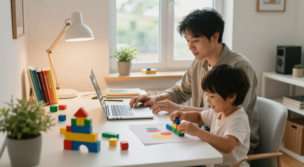 A cozy home office scene featuring a parent working at a desk with a laptop, surrounded by colorful educational toys, books, and art supplies. In the foreground, a cheerful child is engaged in playing with building blocks or crafting, expressing creativity. The middle ground shows a well-organized workspace, with a small potted plant and soft lighting creating a warm atmosphere. In the background, a window allows natural light to flood the room, illuminating a peaceful outdoor view. The parent, dressed in comfortable yet professional attire, is focused on their work while maintaining a caring eye on their child. The overall mood conveys productivity, warmth, and family togetherness, ideal for a harmonious work-at-home setting. A cozy home office scene featuring a parent working at a desk with a laptop, surrounded by colorful educational toys, books, and art supplies. In the foreground, a cheerful child is engaged in playing with building blocks or crafting, expressing creativity. The middle ground shows a well-organized workspace, with a small potted plant and soft lighting creating a warm atmosphere. In the background, a window allows natural light to flood the room, illuminating a peaceful outdoor view. The parent, dressed in comfortable yet professional attire, is focused on their work while maintaining a caring eye on their child. The overall mood conveys productivity, warmth, and family togetherness, ideal for a harmonious work-at-home setting.
