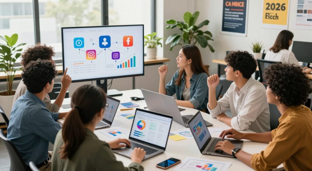 A dynamic and vibrant scene showcasing the importance of social media for business growth. In the foreground, a diverse group of professionals, including men and women of various ethnicities, are engaged in a brainstorming session around a sleek, modern table covered with laptops, smartphones, and digital graphs. In the middle ground, a large screen displays social media icons and analytics, emphasizing connectivity and engagement. The background features an open-plan office with bright lighting, plants for a fresh atmosphere, and motivational posters related to entrepreneurship. The composition conveys a sense of collaboration, creativity, and modernity, with warm, inviting colors that inspire optimism about business potential in 2026. A slightly elevated angle captures the dynamic interaction among the team.