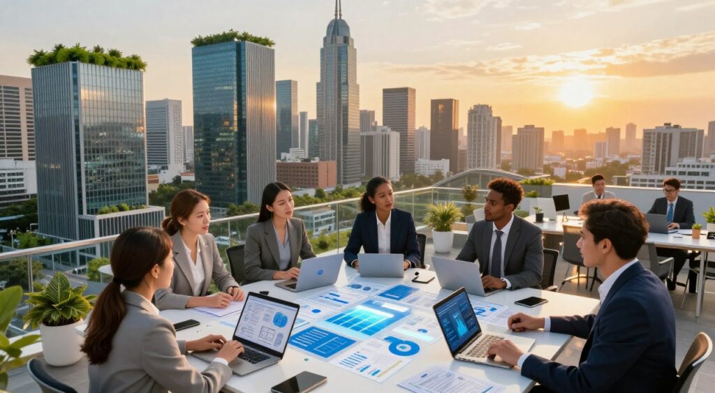 A dynamic scene showcasing the entrepreneurial landscape of 2026. In the foreground, a diverse group of business professionals in smart attire are engaged in a lively discussion around a high-tech table filled with digital devices and business plans. The middle ground features sleek skyscrapers with green rooftops, symbolizing sustainability and innovation, alongside modern coworking spaces bustling with activity. In the background, a vibrant urban skyline glows under a golden sunset, casting a warm, optimistic light over the city. Capture the energy and possibilities of entrepreneurship, with a focus on collaboration and technology. Use a wide-angle lens to emphasize depth and perspective, creating an inspiring atmosphere that reflects a future filled with potential.