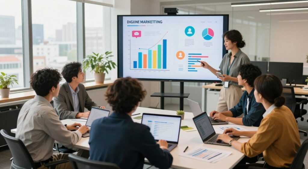 A modern office setting that showcases effective digital marketing strategies for budget-conscious businesses. In the foreground, a diverse group of professionals in smart casual attire collaborate around a sleek table filled with laptops and documents. The central area features a large digital screen displaying colorful graphs and social media icons, symbolizing online marketing. The background includes large windows with a cityscape view, allowing natural light to flood the room, creating an inspiring atmosphere. Use a warm color palette to convey a sense of hope and creativity. Capture the scene from a slightly elevated angle to emphasize the teamwork and engagement among the individuals, conveying an energetic and optimistic mood.