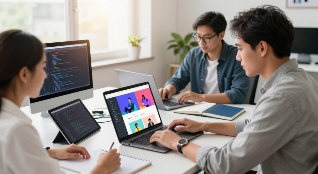 A modern workspace showcasing website development in action. In the foreground, a diverse team of three professionals, one woman and two men, collaborate over a laptop, dressed in smart business casual attire. The screen displays colorful website designs and coding lines. In the middle ground, digital tools like design tablets and coding books are scattered around, emphasizing a creative environment. In the background, a bright window lets in natural light, casting a warm glow on the scene, while plants add a touch of greenery. The mood is focused yet innovative, capturing the spirit of digital entrepreneurship. The room has a minimalist aesthetic with a clean desk and organized cables, highlighting professionalism and technology.