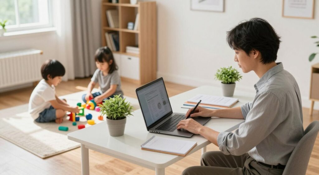 A serene home office scene depicting a parent working efficiently while managing children in a cozy environment. In the foreground, a focused parent, dressed in smart-casual attire, sits at a neat desk with a laptop, a notepad, and a plant, demonstrating a productive work atmosphere. In the middle ground, two young children play quietly with colorful educational toys on a soft rug, keeping the setting lively yet organized. The background features a well-lit room with a bookshelf and a window letting in natural sunlight, enhancing the overall brightness and warmth of the space. The mood is calm and harmonious, illustrating the balance between work and family life. The image should convey a sense of routine and organization to inspire productivity at home. A serene home office scene depicting a parent working efficiently while managing children in a cozy environment. In the foreground, a focused parent, dressed in smart-casual attire, sits at a neat desk with a laptop, a notepad, and a plant, demonstrating a productive work atmosphere. In the middle ground, two young children play quietly with colorful educational toys on a soft rug, keeping the setting lively yet organized. The background features a well-lit room with a bookshelf and a window letting in natural sunlight, enhancing the overall brightness and warmth of the space. The mood is calm and harmonious, illustrating the balance between work and family life. The image should convey a sense of routine and organization to inspire productivity at home.
