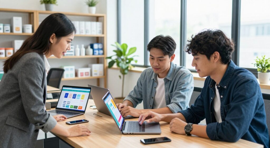 A vibrant and modern workspace showcasing the advantages of e-commerce for small entrepreneurs. In the foreground, a diverse group of three professionals, a woman in business attire, a man in casual smart clothing, and a young adult in tech wear, collaborate over a laptop displaying a colorful e-commerce website. The middle ground features a desk filled with digital devices like tablets and smartphones, highlighting online sales trends. The background depicts a bright office environment with shelves of products and a large window letting in natural light, creating an enthusiastic and optimistic atmosphere. The overall mood is inspiring and forward-thinking, emphasizing innovation and accessibility in entrepreneurship. Shot from a dynamic angle to capture engagement and teamwork.